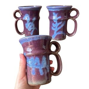 Studio Pottery Purple Blue Drip Glaze Hand Thrown Ceramic Mugs Set of 3